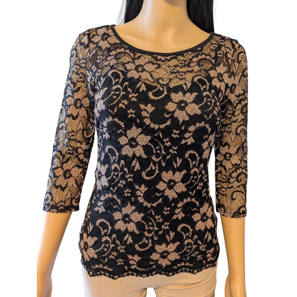 Black Floral Lace Top with Nude Underlay Women's Small